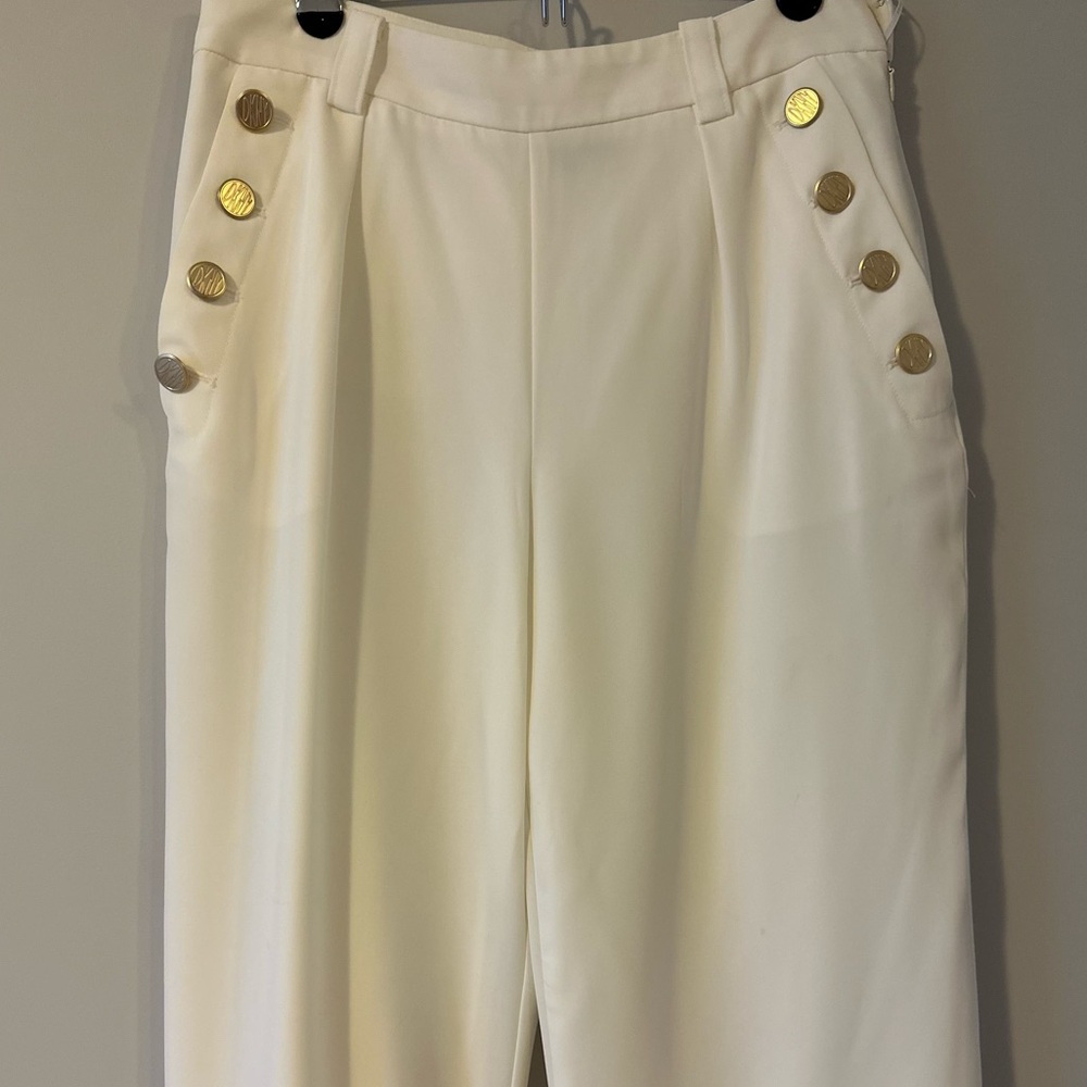 DKNY white trousers with gold detail buttons